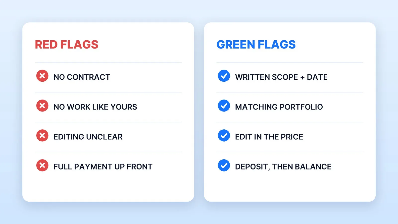Red flags and green flags when hiring a videographer: no contract, no work like yours, unclear editing and full payment up front, against a written scope and date, a matching portfolio, the edit in the price and a deposit before the balance.