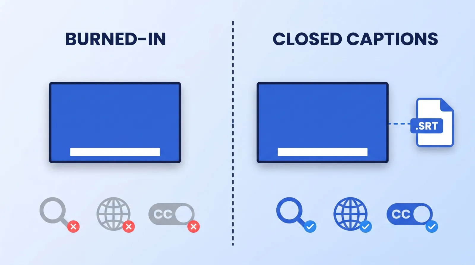 Burned-in captions live in the pixels — not searchable, not translatable, not toggleable. A closed-caption sidecar file such as .srt is all three.