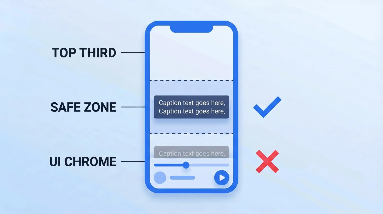 The caption safe zone on a 9:16 frame. Captions placed in the middle third stay clear of the platform UI that covers roughly the lower 15% of the screen.