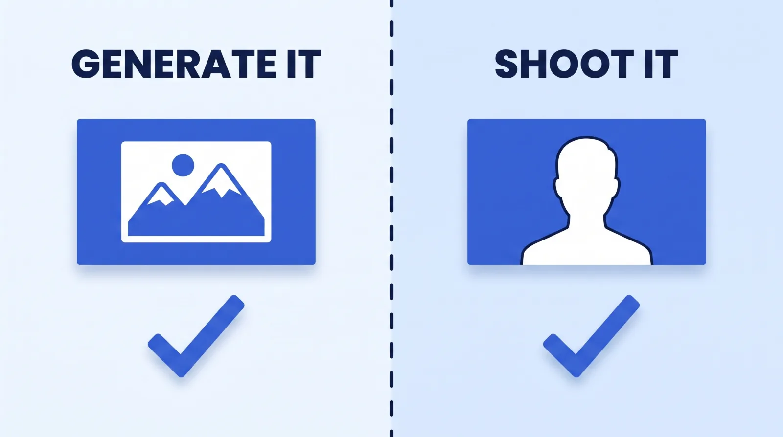 Generated imagery wins for conceptual scenes, environments and objects that would be expensive or impossible to shoot. A real photograph still wins for the creator's own face, because a synthetic face is the one element viewers reliably reject.
