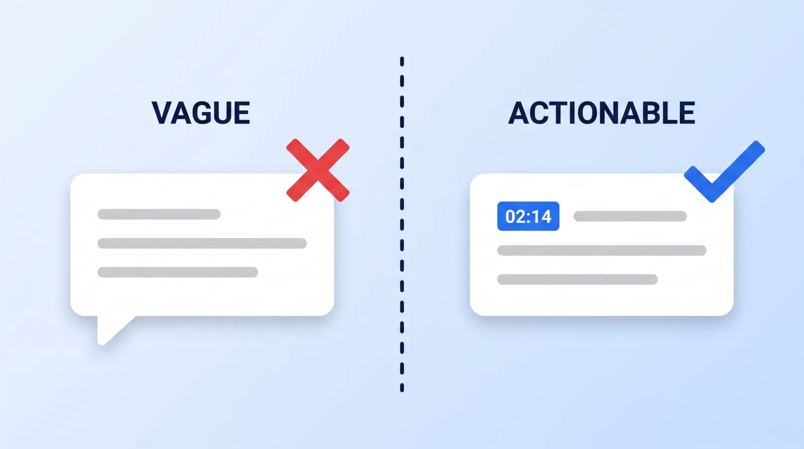 A note without a timestamp forces the editor to hunt for the moment you meant. A note that leads with a timestamp turns the same reaction into a task they can execute on the first pass.
