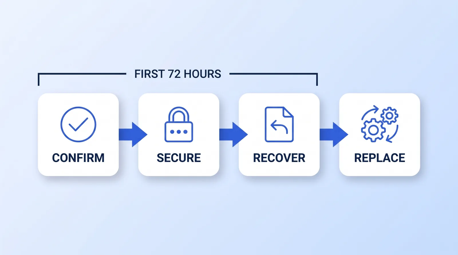 Confirm, secure, recover, replace. The first three steps belong in the first seventy-two hours of silence; only the fourth should wait until you know what survived.