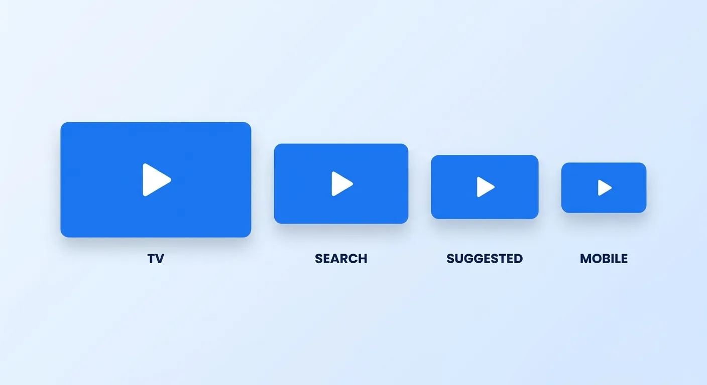 The same thumbnail is judged at very different sizes depending on where a viewer meets it: large on a television, medium in a search results grid, smaller in the suggested rail, and smallest on a phone home feed.