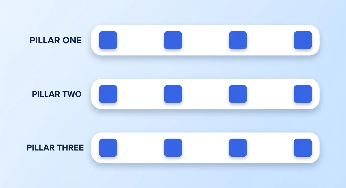 Thirteen weeks resolve into three pillars rather than thirteen unrelated ideas, so each upload reinforces a lane instead of starting a new one.