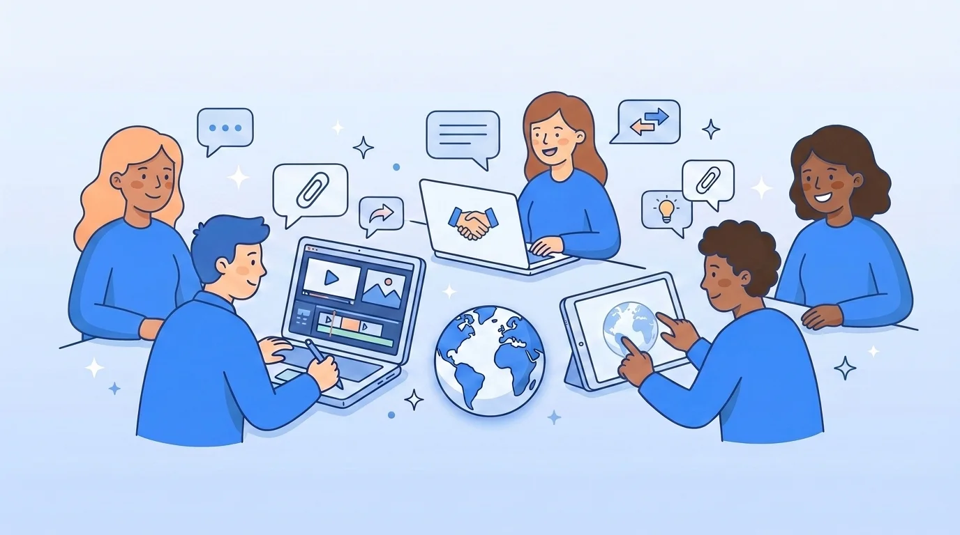 A diverse remote global creative team collaborating on video projects
