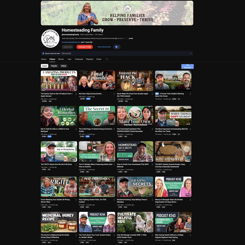 Homesteading Family channel snapshot in October 2025 — 880K subscribers