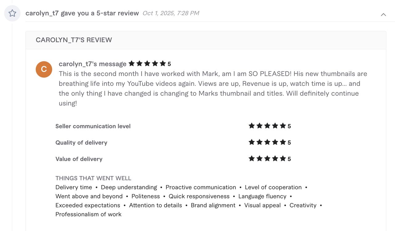Carolyn's 5-star review on October 1, 2025 — 5/5 across communication, quality, and value