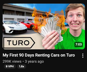 My First 90 Days Renting Cars on Turo — 299K views — YouTube thumbnail designed by Mark Studios