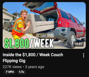 Inside the $1,800 / Week Couch Flipping Gig — 227K views — YouTube thumbnail designed by Mark Studios