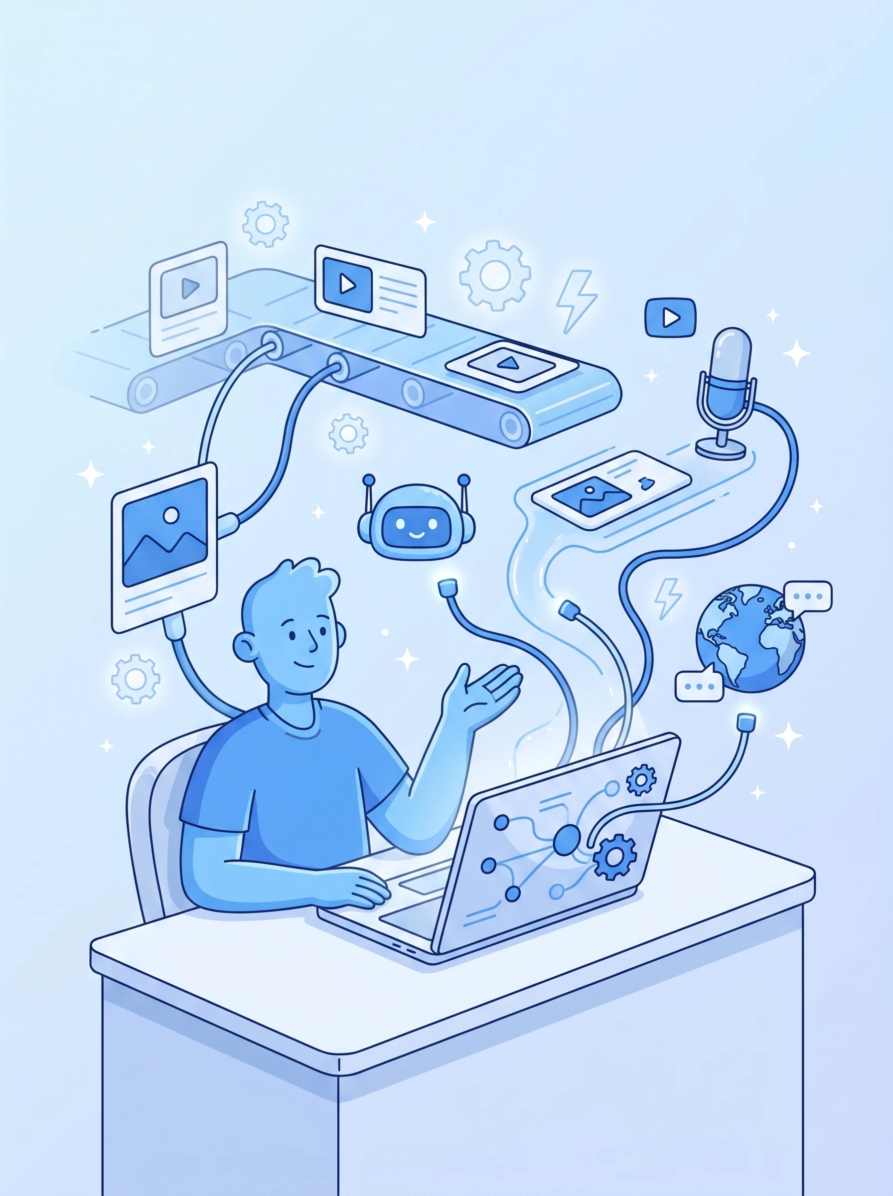 Illustration of a Mark Studios specialist orchestrating an automated AI content pipeline