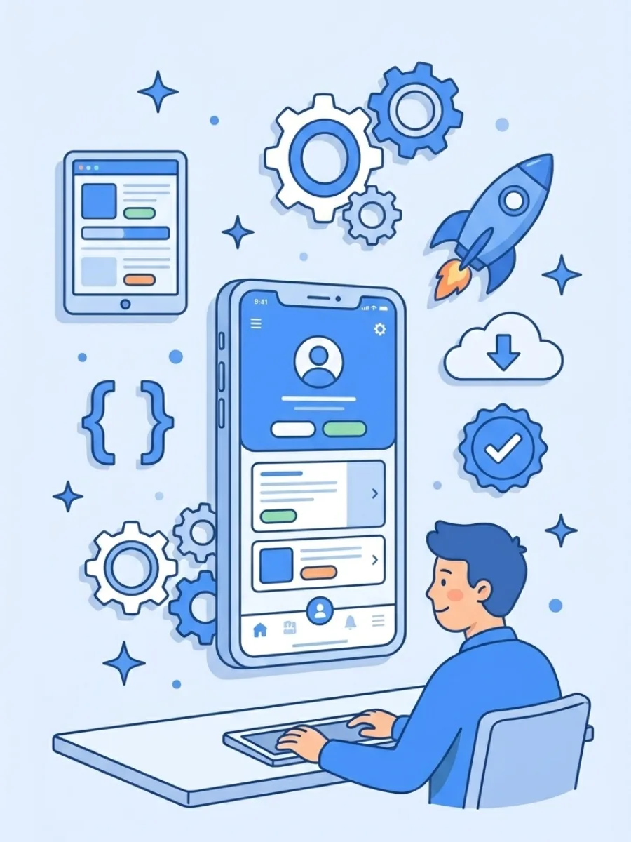 Illustration of Mark Studios building a mobile app — from MVP to App Store launch