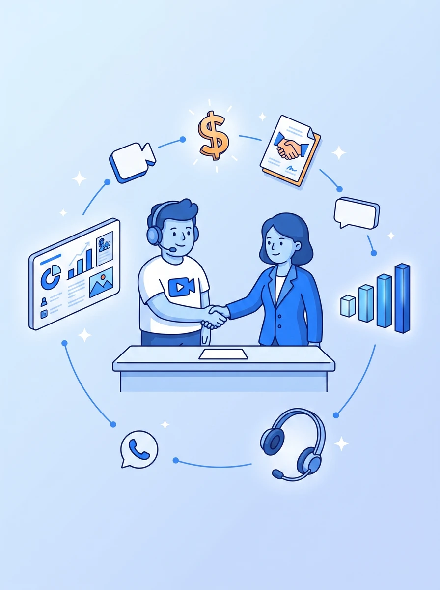 Illustration of a Mark Studios advisor closing a sponsorship deal between a creator and a brand