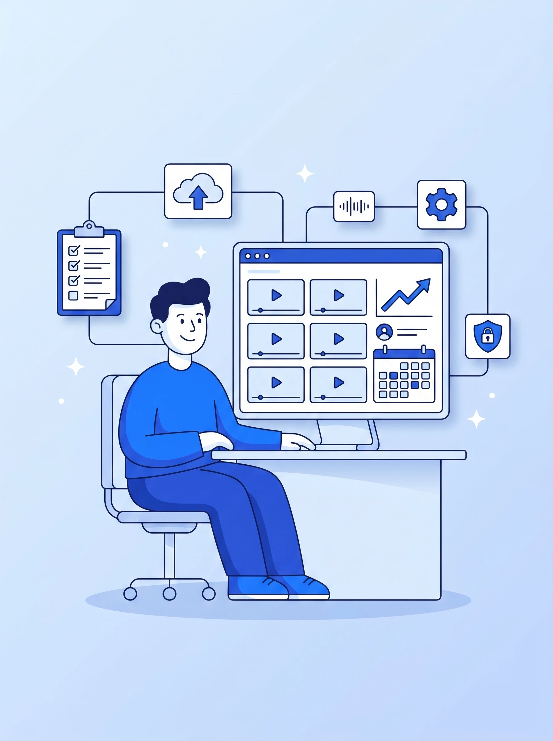 Illustration of a Mark Studios operator running a YouTube channel from a command-center dashboard