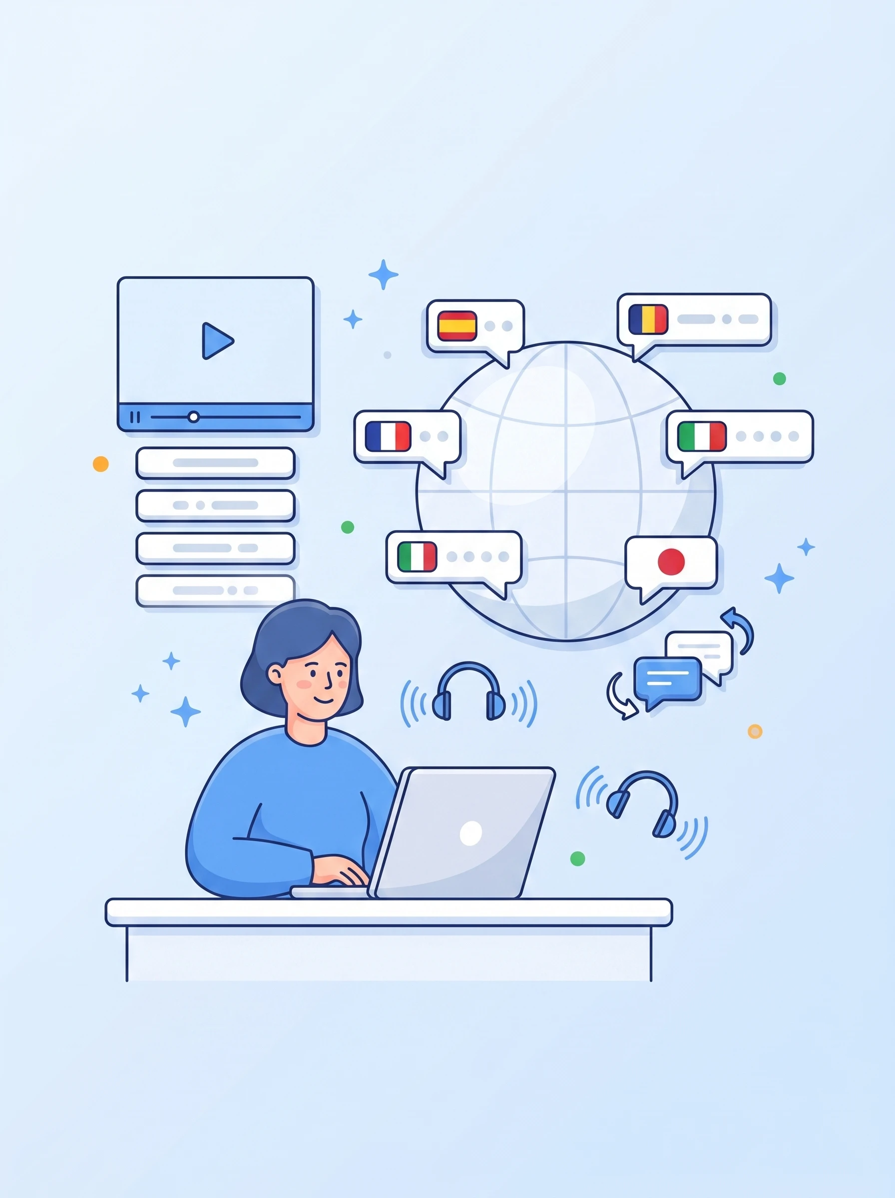 Illustration of a Mark Studios localization specialist translating one video into subtitles and dubbed audio across many languages