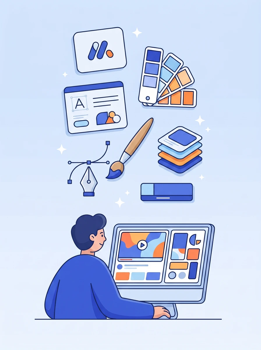 Illustration of a Mark Studios designer building a brand identity — thumbnails, palette, typography, and motion graphics