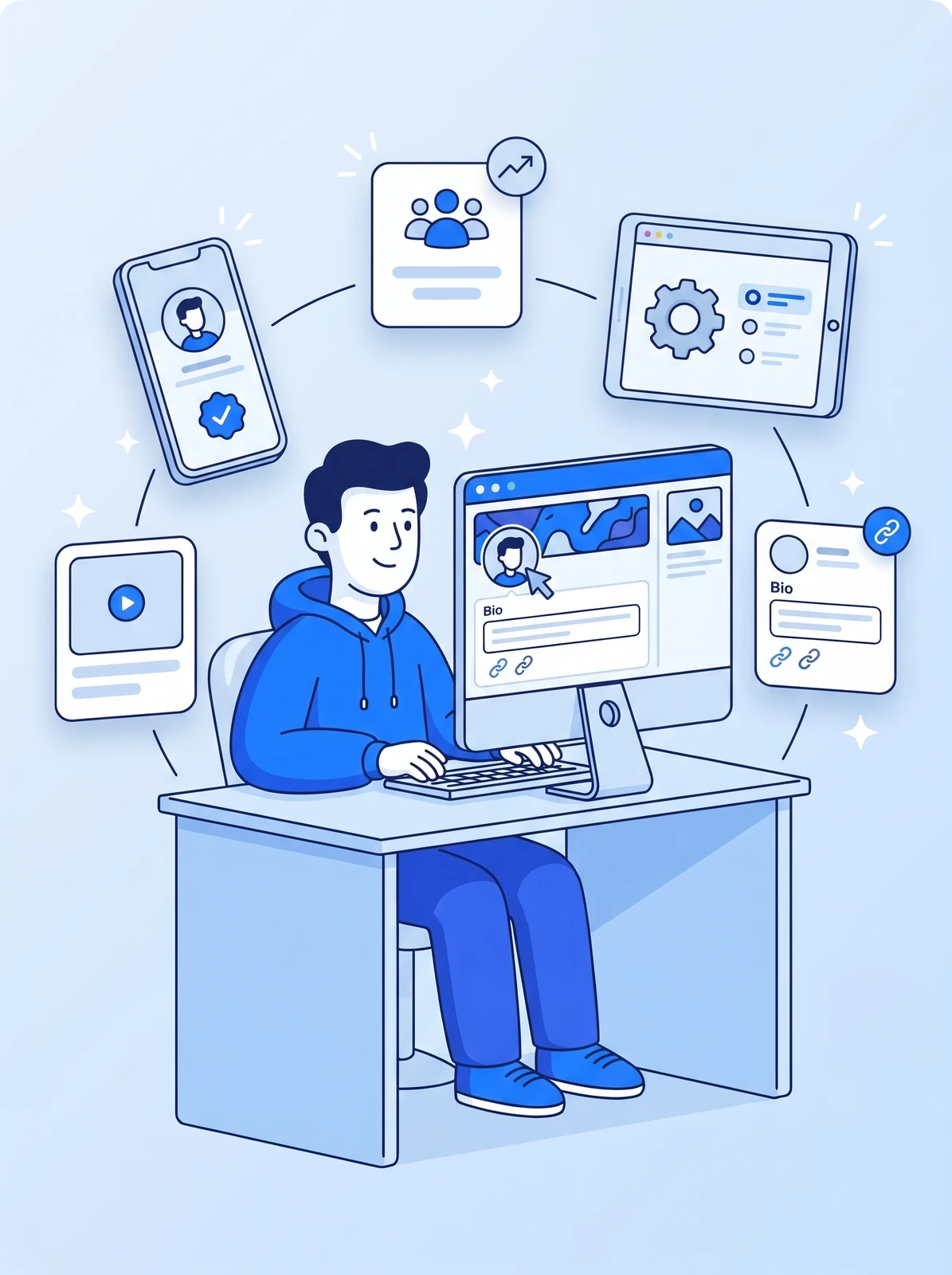 Illustration of a Mark Studios specialist setting up and optimizing social media profiles across every major platform