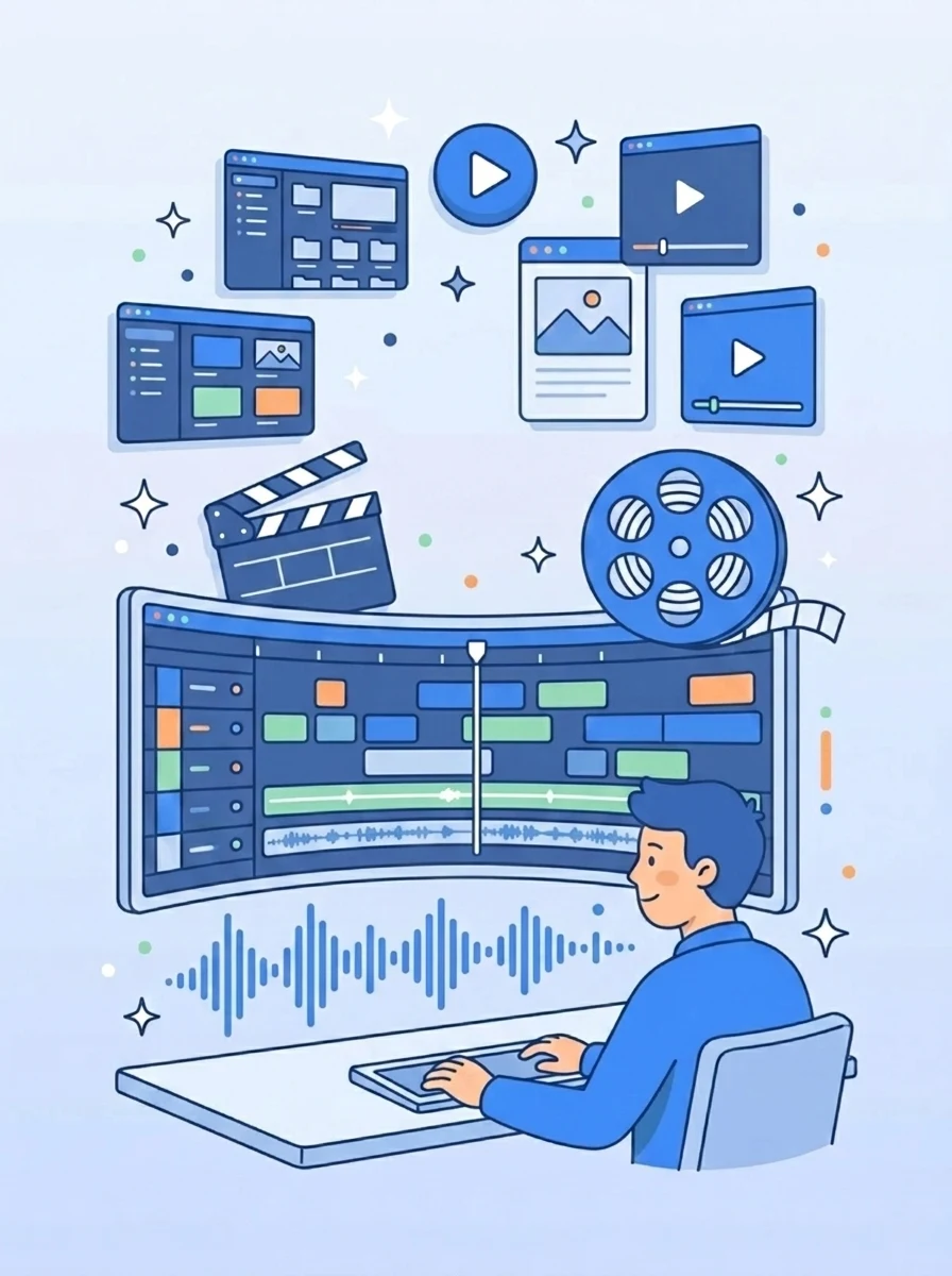 Illustration of a Mark Studios editor working on corporate & business video editing