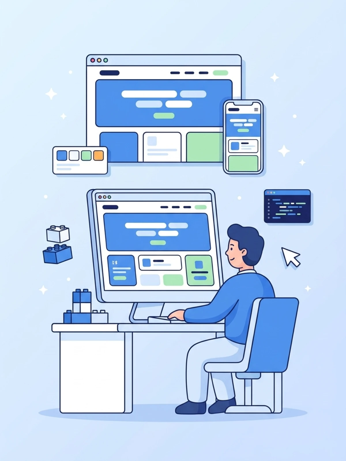 Illustration of a Mark Studios designer building a high-converting website