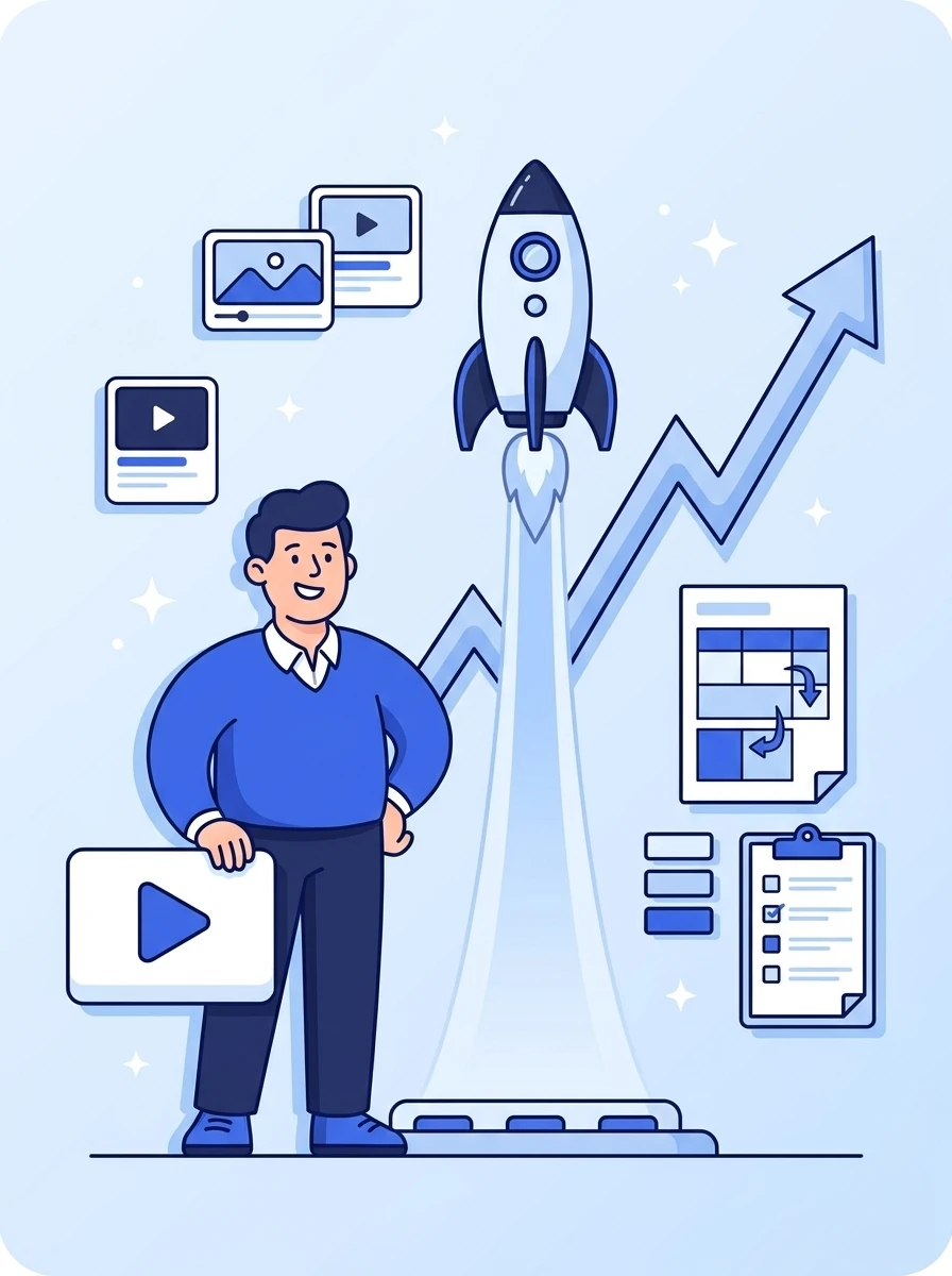 Illustration of a Mark Studios strategist launching an expert's YouTube channel on a rising growth trajectory