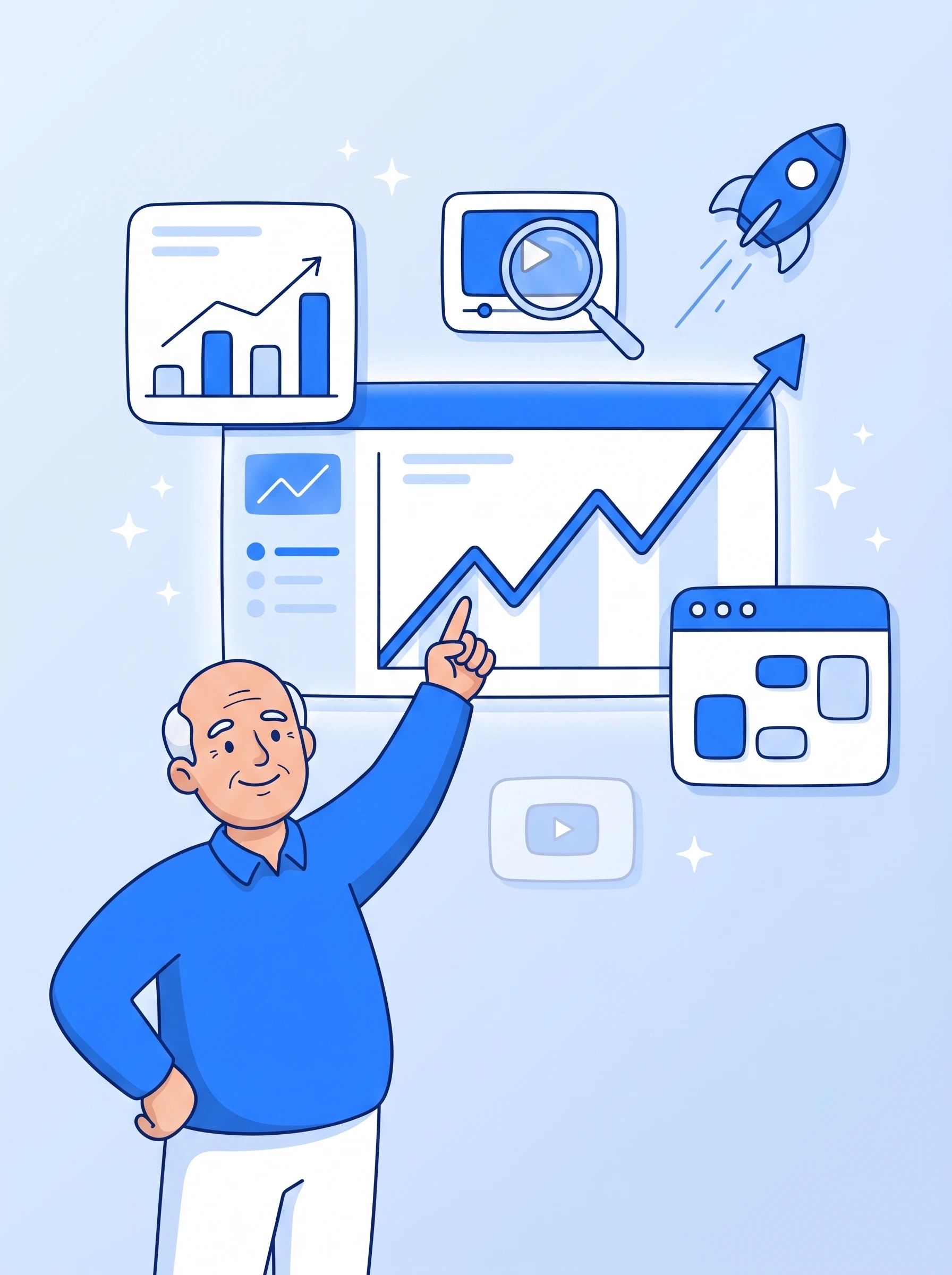 Illustration of a Mark Studios strategist mapping YouTube channel growth on a rising analytics chart