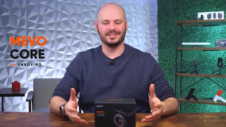 Still from the Logitech Mevo Core unboxing video we edited