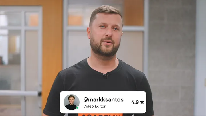UpFlip host on camera with an on-screen card for @markksantos, Video Editor, rated 4.9