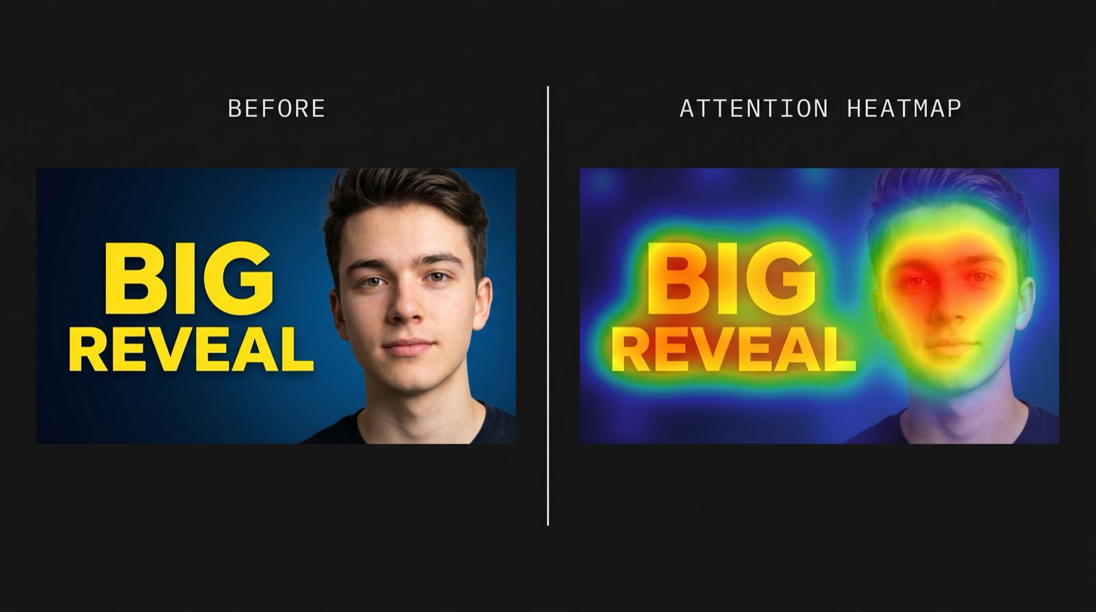 ThumbnailRank heatmap overlay showing viewer attention on a YouTube thumbnail