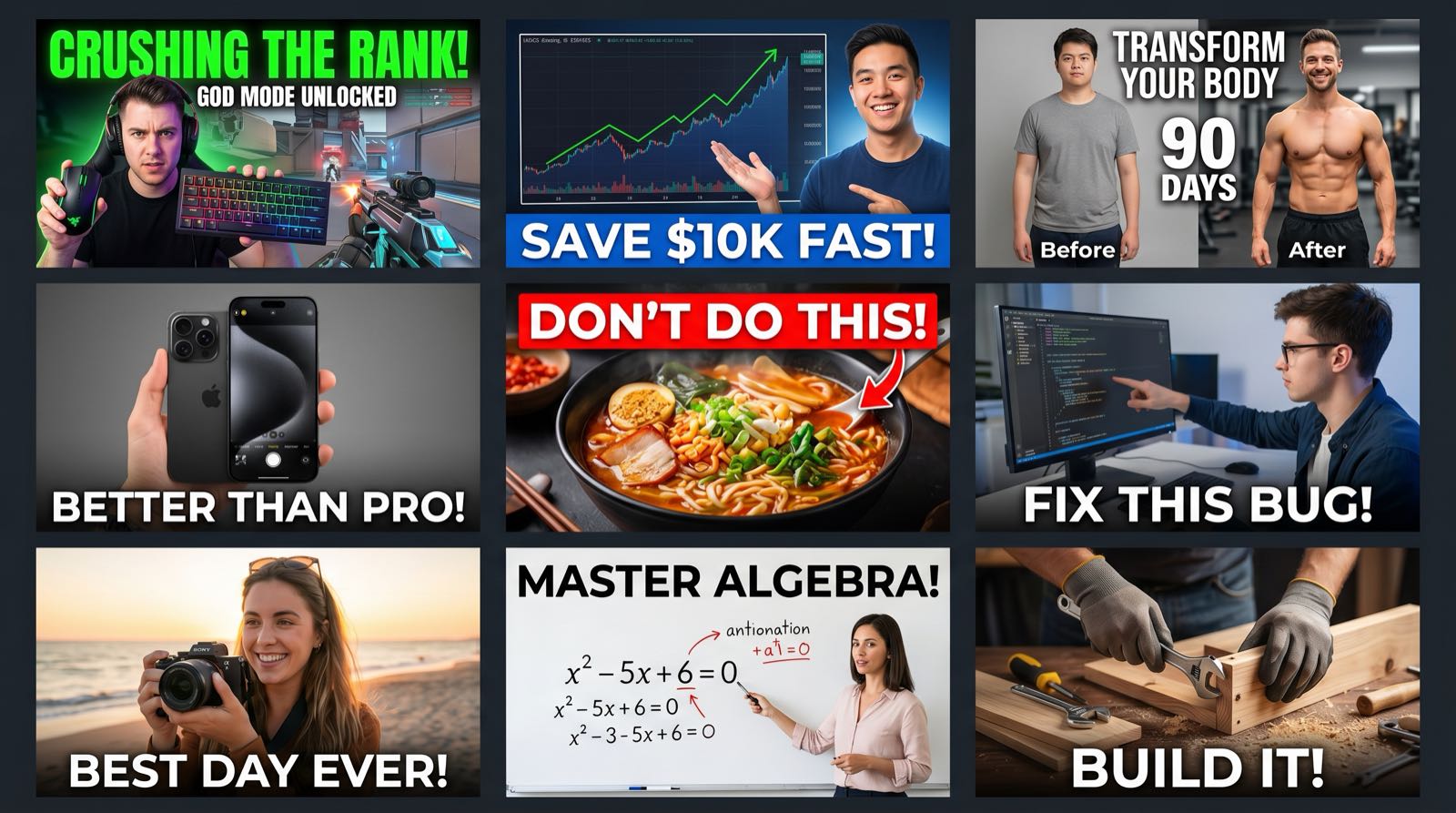 Grid of sample YouTube thumbnails across gaming, finance, fitness, tech, food, tutorial, vlog, education, and DIY