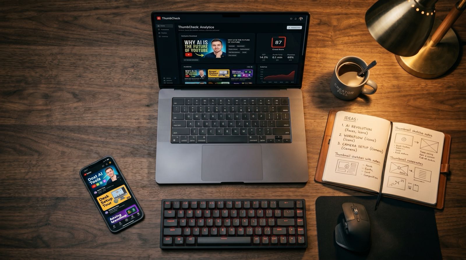 Creator workspace with a laptop showing thumbnail analysis