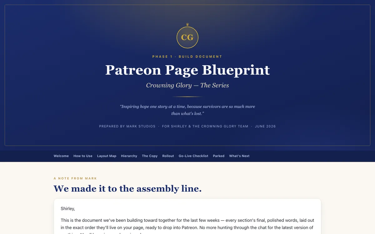 Crowning Glory — Patreon page blueprint document site