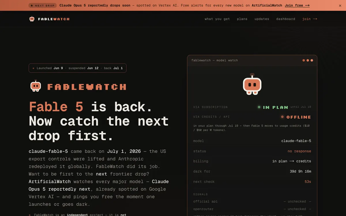 FableWatch — single-model availability monitor