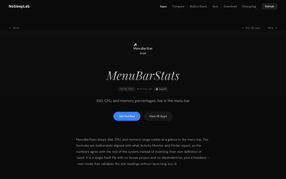 MenuBarStats — disk, CPU and memory readouts in the macOS menu bar