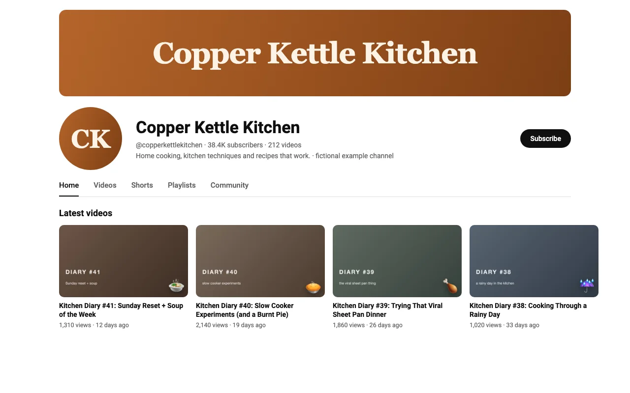 Copper Kettle Kitchen channel screenshot (fictional example)
