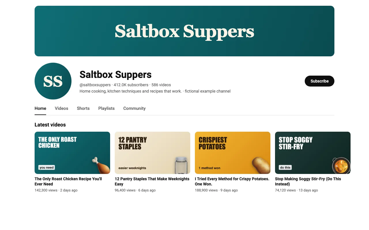 Saltbox Suppers channel screenshot (fictional example)