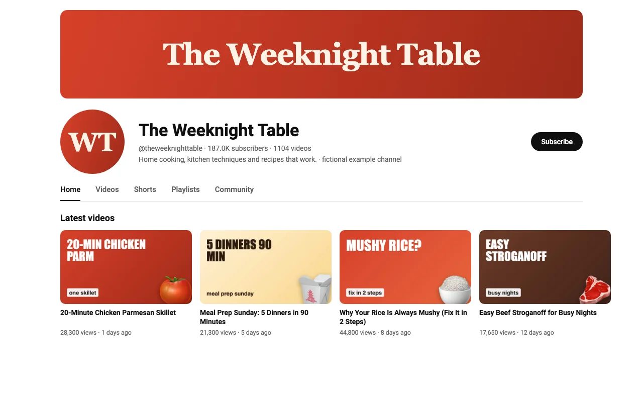 The Weeknight Table channel screenshot (fictional example)
