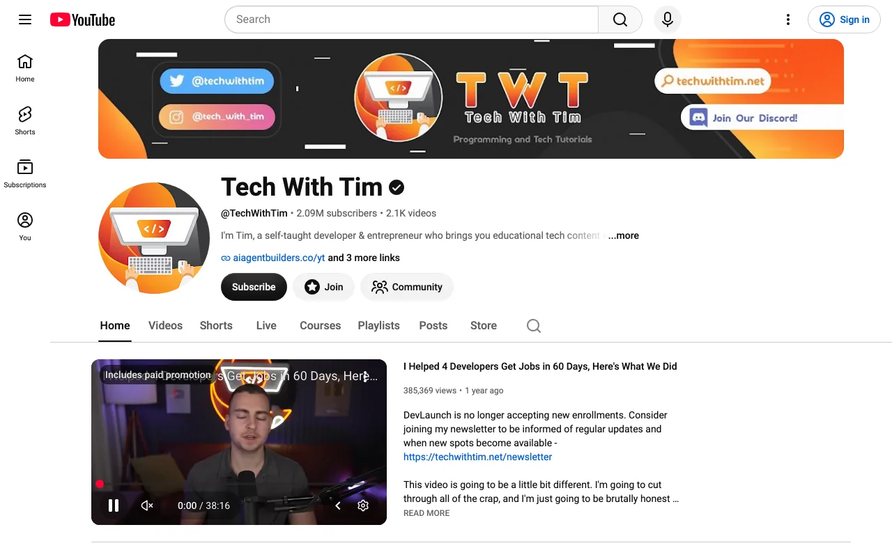 Tech With Tim channel screenshot